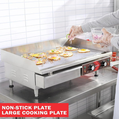 14 Inch Electric Griddle, Non-Stick Flat Top Grill Commercial Electric Countertop Griddles Stainless Steel Adjustable Temperature Control 90F-575F for Home or Restaurant Use