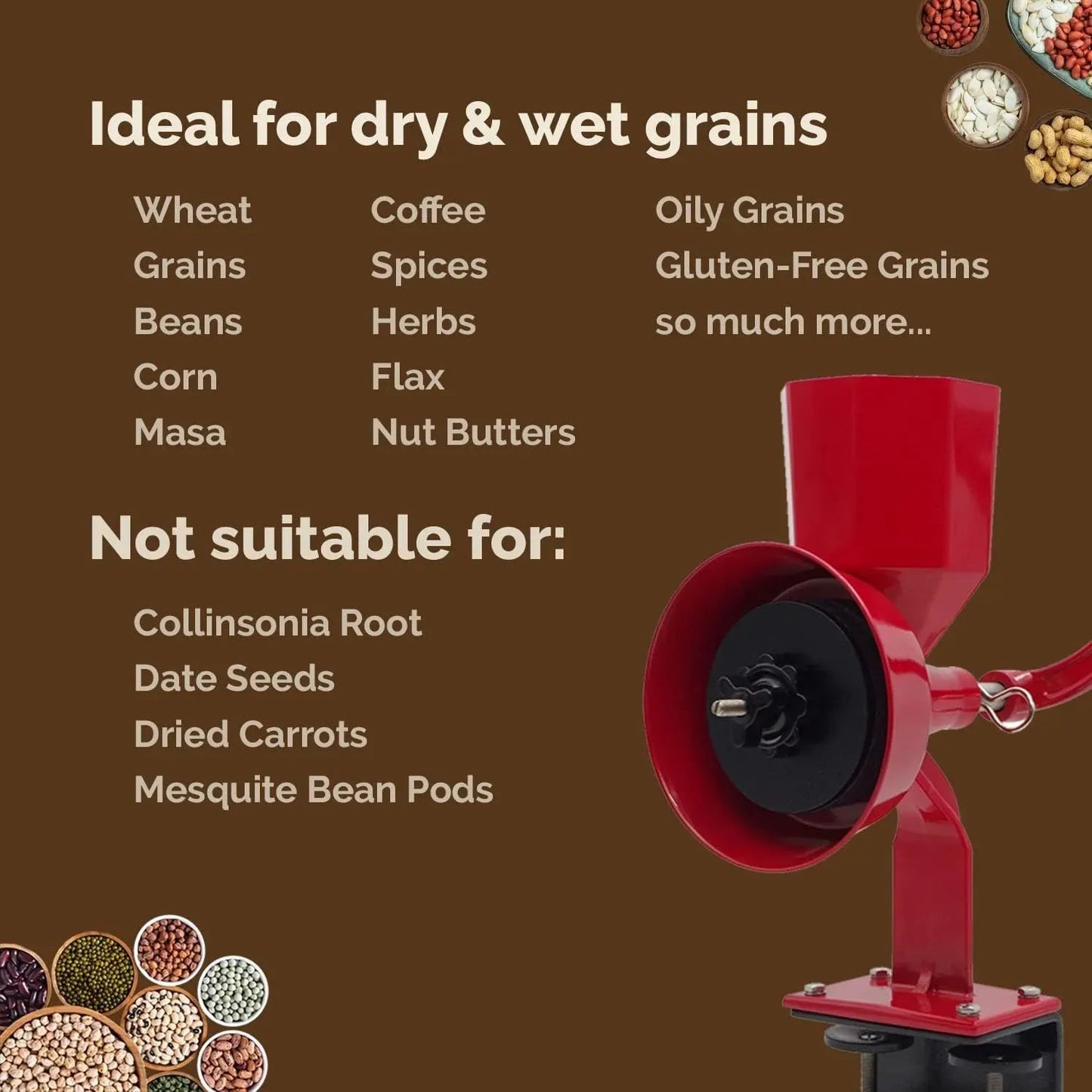 Manual Manual Grain Mill Red Miracle Primary Deluxe Dry and Oily grain Kitchen flour mill, wheat stone mill