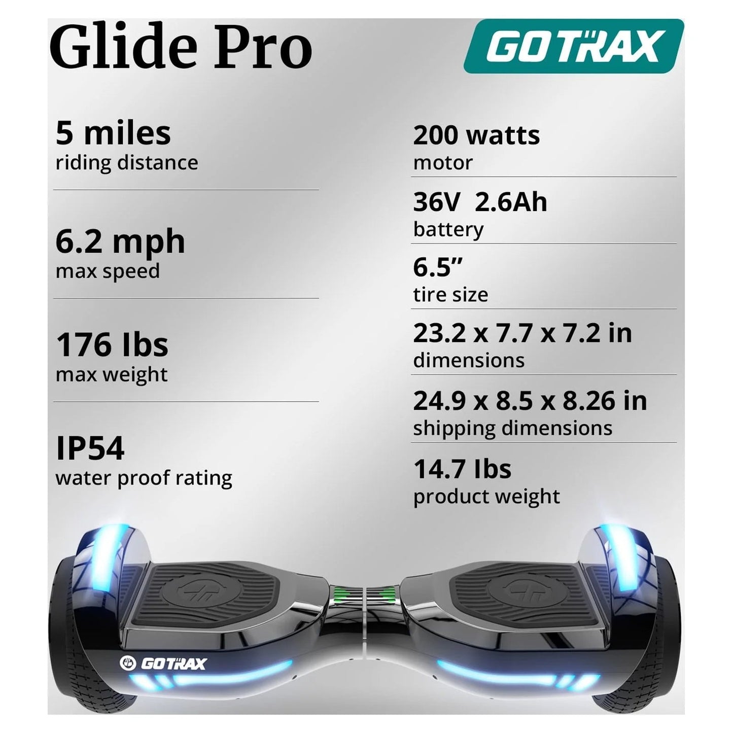 GOTRAX GLIDE PRO Bluetooth Hoverboard, 6.5" Wheels and 7 Colors Lights Self Balancing Scooters for 44 176lbs Kids Adults Silver