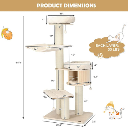 Large cat tree, multi-level tower with sisal posts, hammock, hanging basket and removable washable mats, perfect for large cats