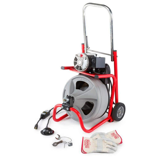 K 400 Drain Cleaning Snake Auger 120 Volt Drum Machine with C 32IW 3/8 in. x 75 ft. Cable 4 Piece Tool Set & Gloves 52363