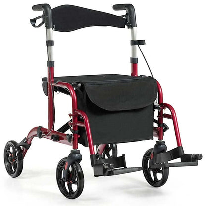 2 In 1 Rollator Walker Wheelchair Folding Medical Walker Aluminum Transport Chair Mobility Walking Aid - Comfortable And Ergonomic Design