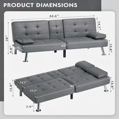 Homall Futon Sofa Bed, Leather Futon Couch with Removable Armrests, Adjustable Recliner Sleeper Sofa Bed with Dual Cup Holders for Living Room, Apartment, Office (Black)
