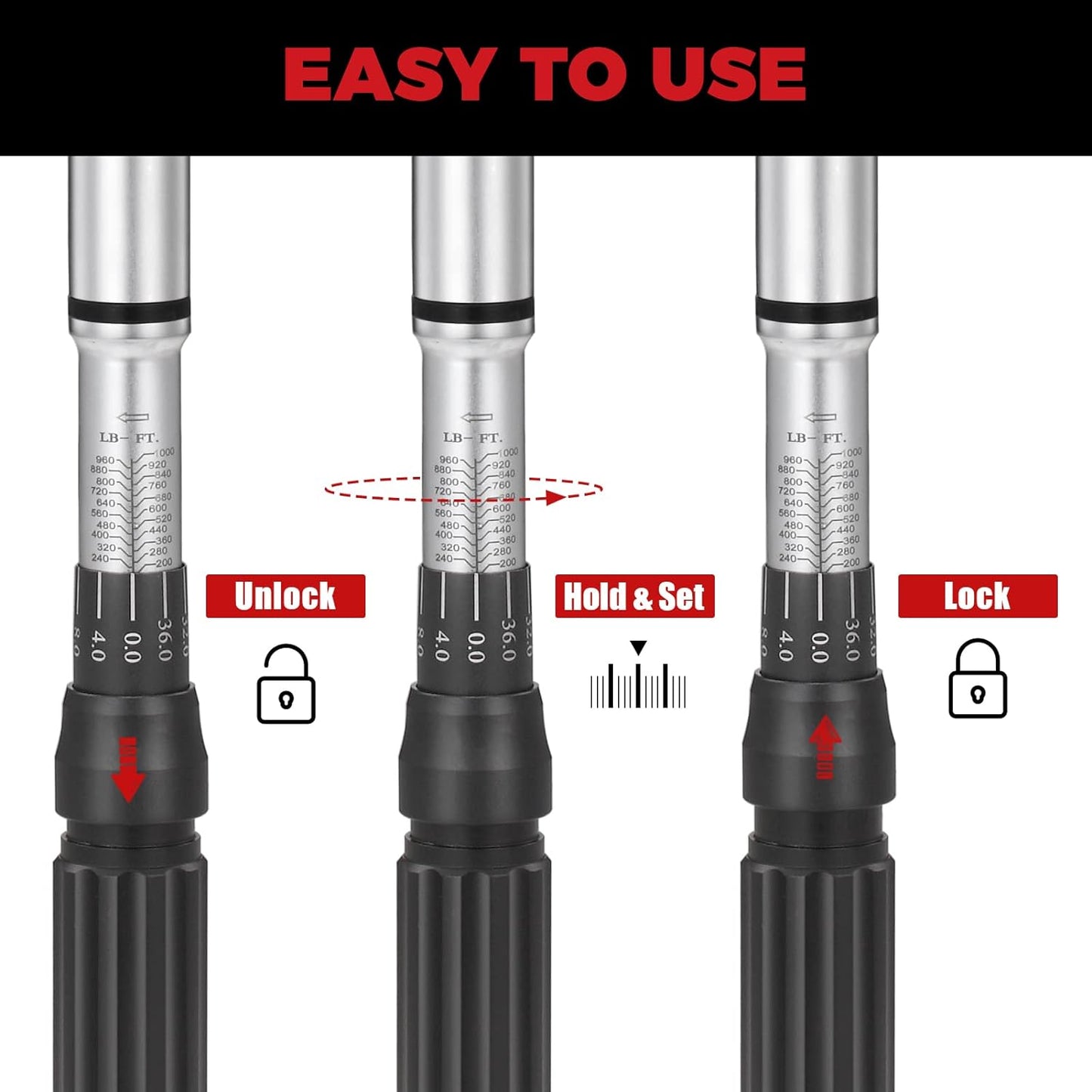 1-Inch Drive Click Torque Wrench, Dual-Scale Adjustable Torque Wrench Set with a Hex Key 200-1000ft.lb / 271-1356.7Nm