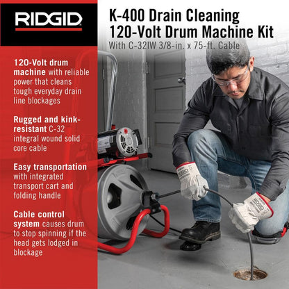 K 400 Drain Cleaning Snake Auger 120 Volt Drum Machine with C 32IW 3/8 in. x 75 ft. Cable 4 Piece Tool Set & Gloves 52363