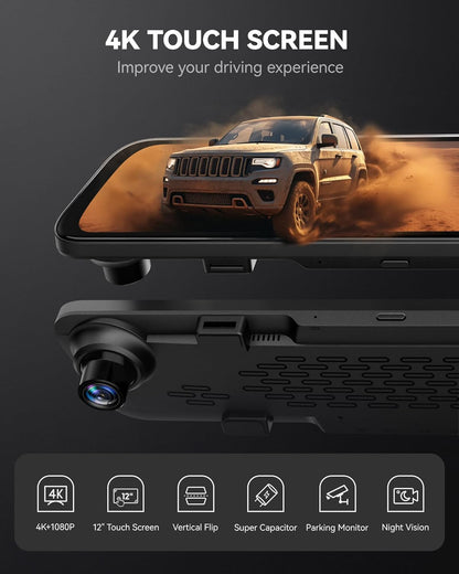 12" 4K Mirror Dash Cam Backup Camera, 2160P Full HD Smart Rearview Mirror for Cars & Trucks, Front and Rear View Dual Cameras, Night Vision, Parking Assistance, Free 32GB Card & GPS