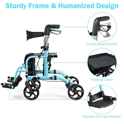 2 In 1 Rollator Walker Wheelchair Folding Medical Walker Aluminum Transport Chair Mobility Walking Aid - Comfortable And Ergonomic Design