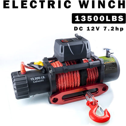 13500lb Waterproof Electric Red Synthetic Rope Winch with Hawse Fairlead, Wired Handle and 2 Wireless Remote (RED)