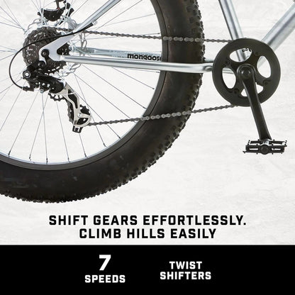 Malus Mens and Women Fat Tire Mountain Bike, 26-Inch Bicycle Wheels, 4-Inch Wide Knobby Tires, Steel Frame, 7 Speed Drivetrain, Shimano Rear Derailleur, Disc Brakes