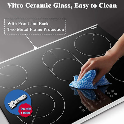 Karinear 8400W 30 Inch Electric Cooktop 5 Burners Ceramic Cooktop, 220-240V, Hard Wire, No Plug
