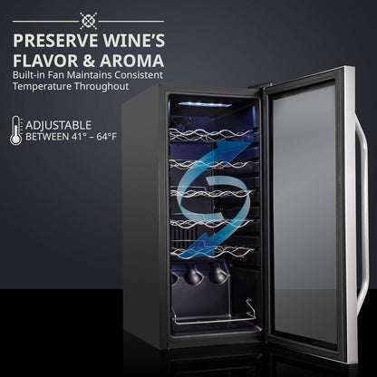 18 Bottle Compressor Wine Cooler Refrigerator w/Lock, Large Freestanding Wine Cellar For Red, White, Champagne or Sparkling Wine, 41f-64f Digital Temperature Control Fridge Glass Door Black