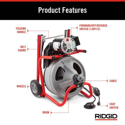 K 400 Drain Cleaning Snake Auger 120 Volt Drum Machine with C 32IW 3/8 in. x 75 ft. Cable 4 Piece Tool Set & Gloves 52363
