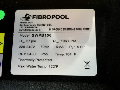 1.5 HP Swimming Pool Pump for In Ground Pools and Spas - 1.5 Horsepower - Designed in the USA - High Efficiency Single Speed Motor With Clear Top Lid - FP150