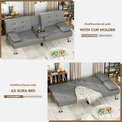 Homall Futon Sofa Bed, Leather Futon Couch with Removable Armrests, Adjustable Recliner Sleeper Sofa Bed with Dual Cup Holders for Living Room, Apartment, Office (Black)