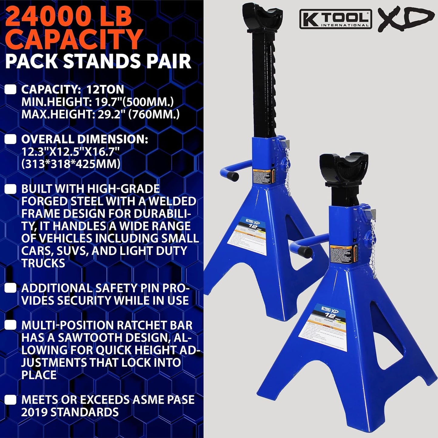 HD61222 22 Ton Automotive Jack Stands for Garages, Repair Shops, and DIY, Pin Style, V Shaped Saddle, Heavy Duty Steel Frame, Adjustable Height 11.825"- 19.725", Black/Blue, Pair
