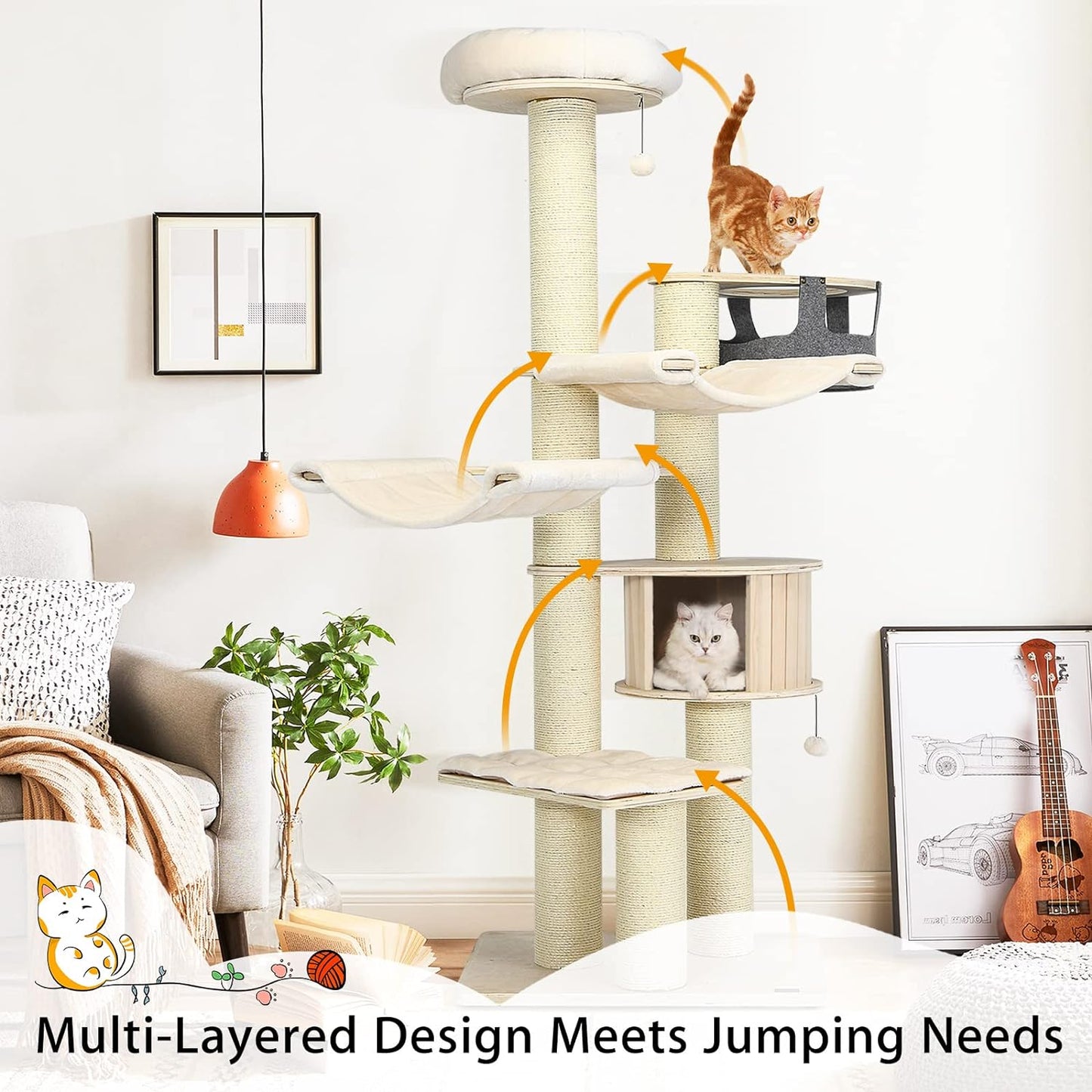 Large cat tree, multi-level tower with sisal posts, hammock, hanging basket and removable washable mats, perfect for large cats