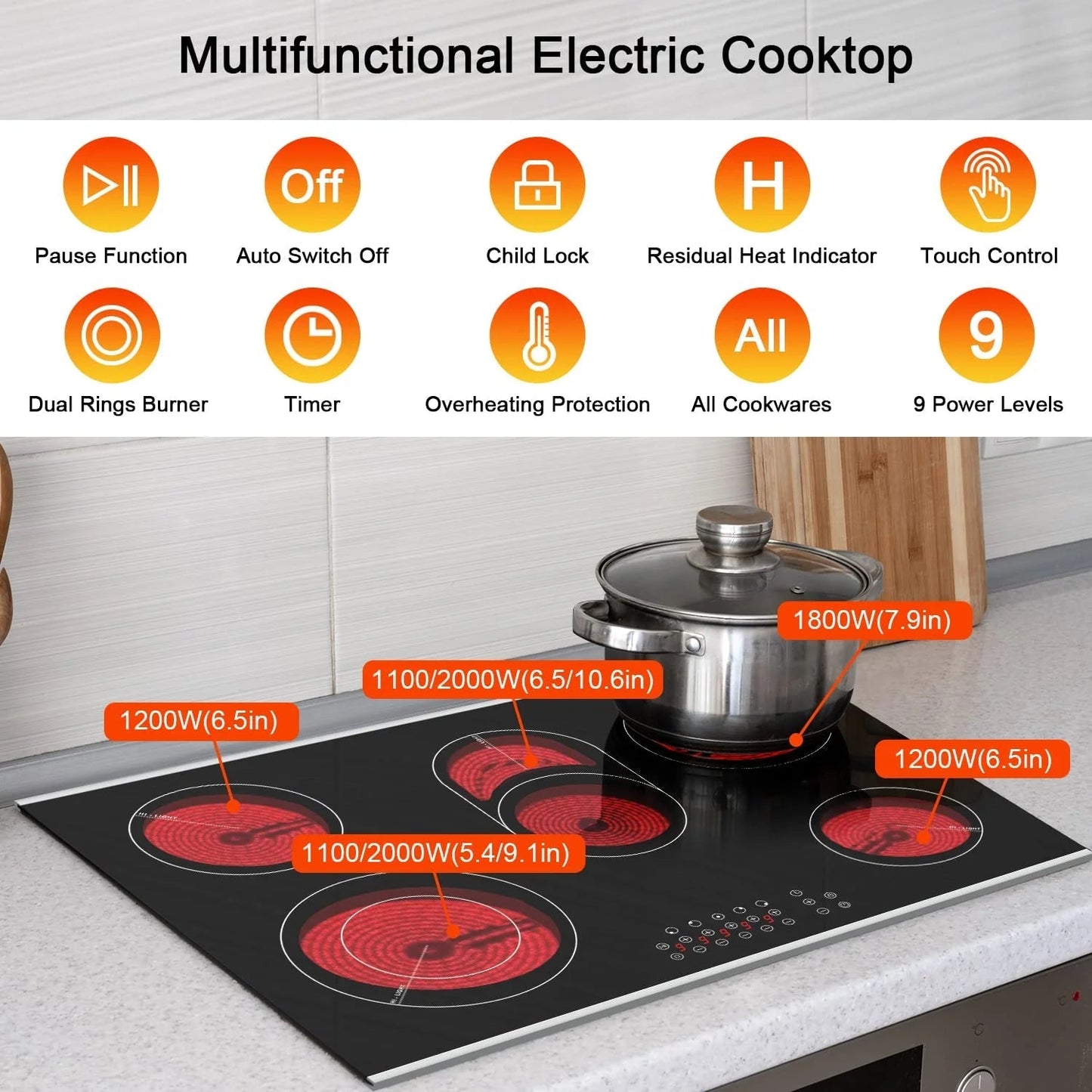 Karinear 8400W 30 Inch Electric Cooktop 5 Burners Ceramic Cooktop, 220-240V, Hard Wire, No Plug