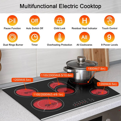 Karinear 8400W 30 Inch Electric Cooktop 5 Burners Ceramic Cooktop, 220-240V, Hard Wire, No Plug