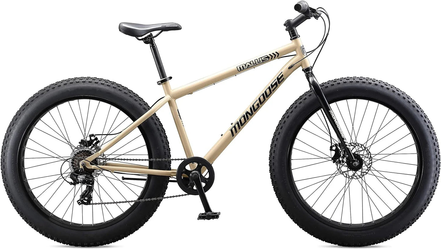 Malus Mens and Women Fat Tire Mountain Bike, 26-Inch Bicycle Wheels, 4-Inch Wide Knobby Tires, Steel Frame, 7 Speed Drivetrain, Shimano Rear Derailleur, Disc Brakes