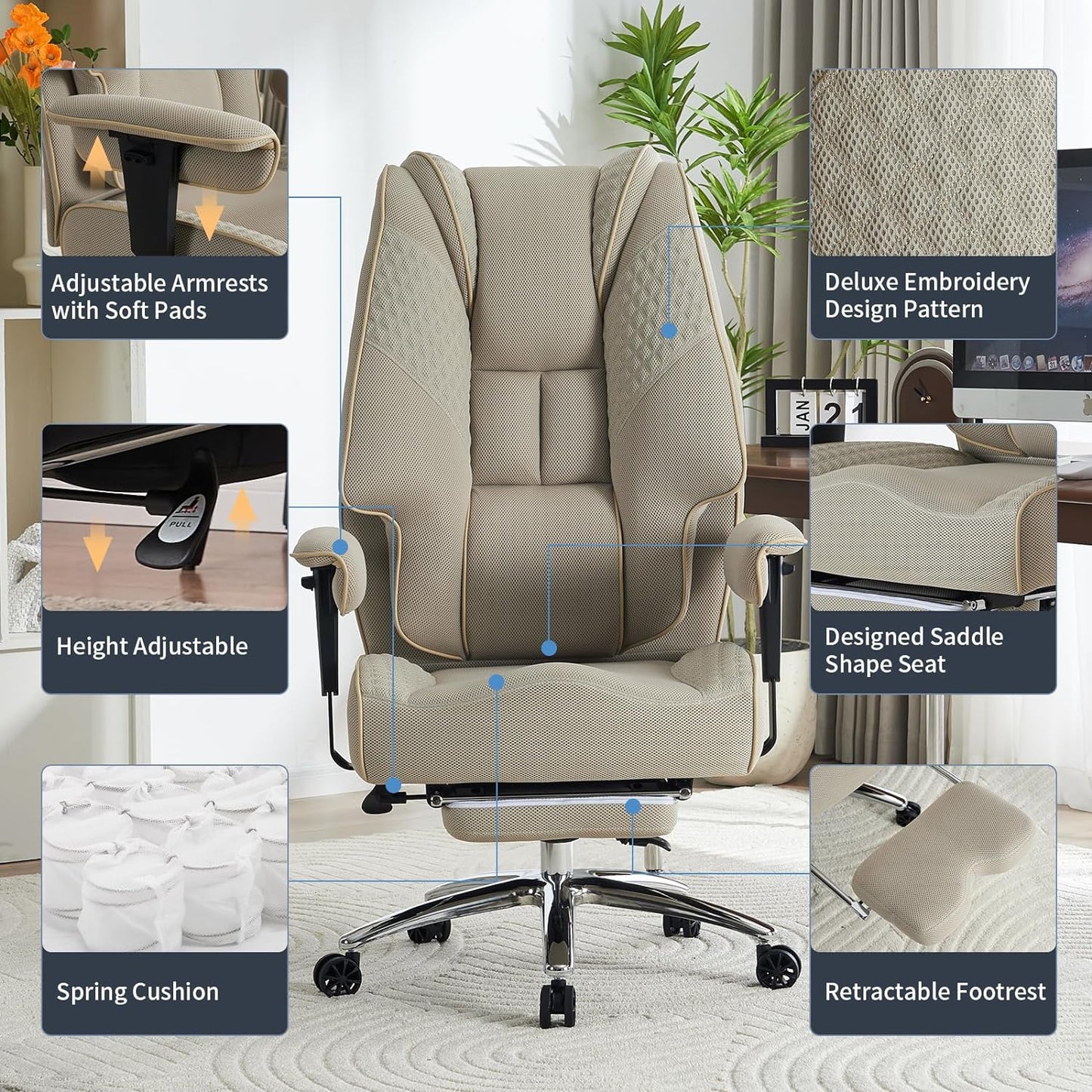 Large Tall Office Chair 400 lbs Wide Seat, Leather High Back Executive Office Chair with Footrest, Ergonomic Office Chair Lumbar Support to Relieve Lower Back Pain (Beige)