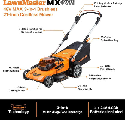 LawnMaster Cordless 13-Inch Lawn Mower 24V Max with 2X4.0Ah Battery and a Charger