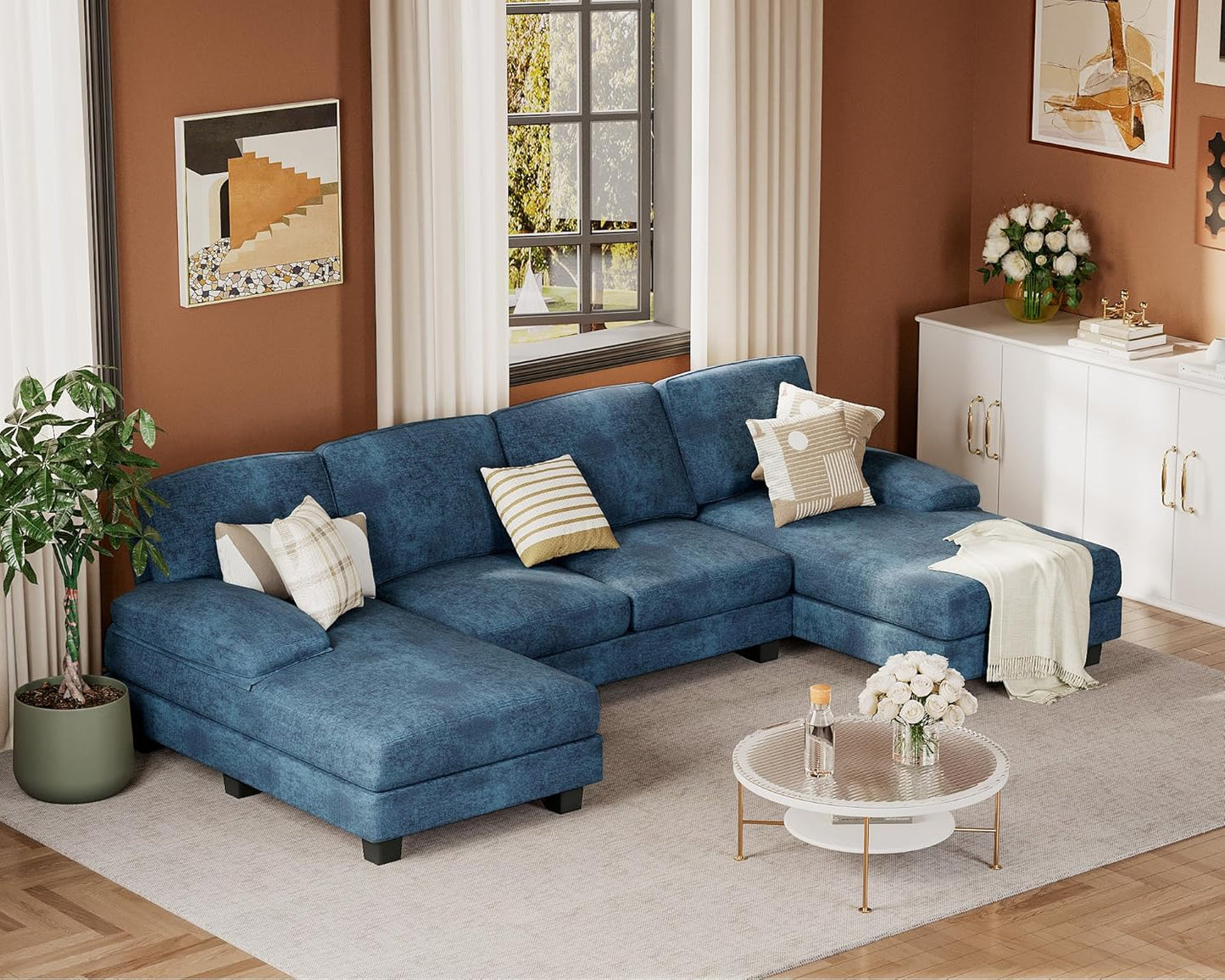 JUMMICO Sectional Couches for Living Room, U Shaped Couch with Chenille Fabric, 4 Seat Modern Sofa with Removable Pillows for Apartment and Small Space (Fabric, Grey)