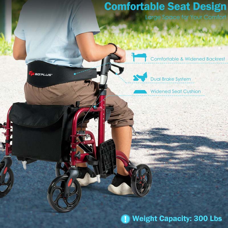 2 In 1 Rollator Walker Wheelchair Folding Medical Walker Aluminum Transport Chair Mobility Walking Aid - Comfortable And Ergonomic Design