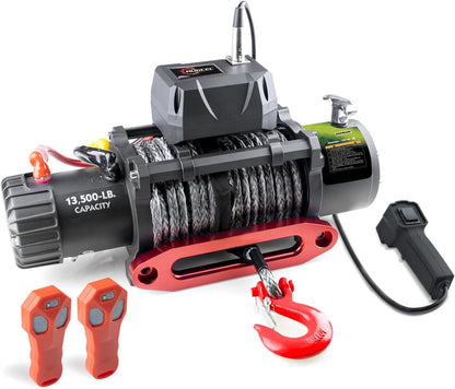 13500lb Waterproof Electric Red Synthetic Rope Winch with Hawse Fairlead, Wired Handle and 2 Wireless Remote (RED)