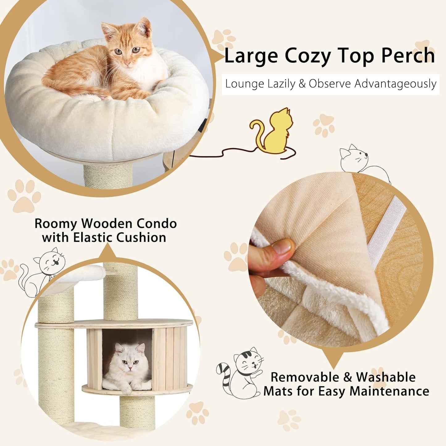 Large cat tree, multi-level tower with sisal posts, hammock, hanging basket and removable washable mats, perfect for large cats