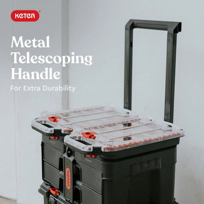 Keter Stack-n-Roll Modular Tools Organizer for Garage Storage and DIY, 3 Piece Resin Rolling Tool Box System for Small Parts
