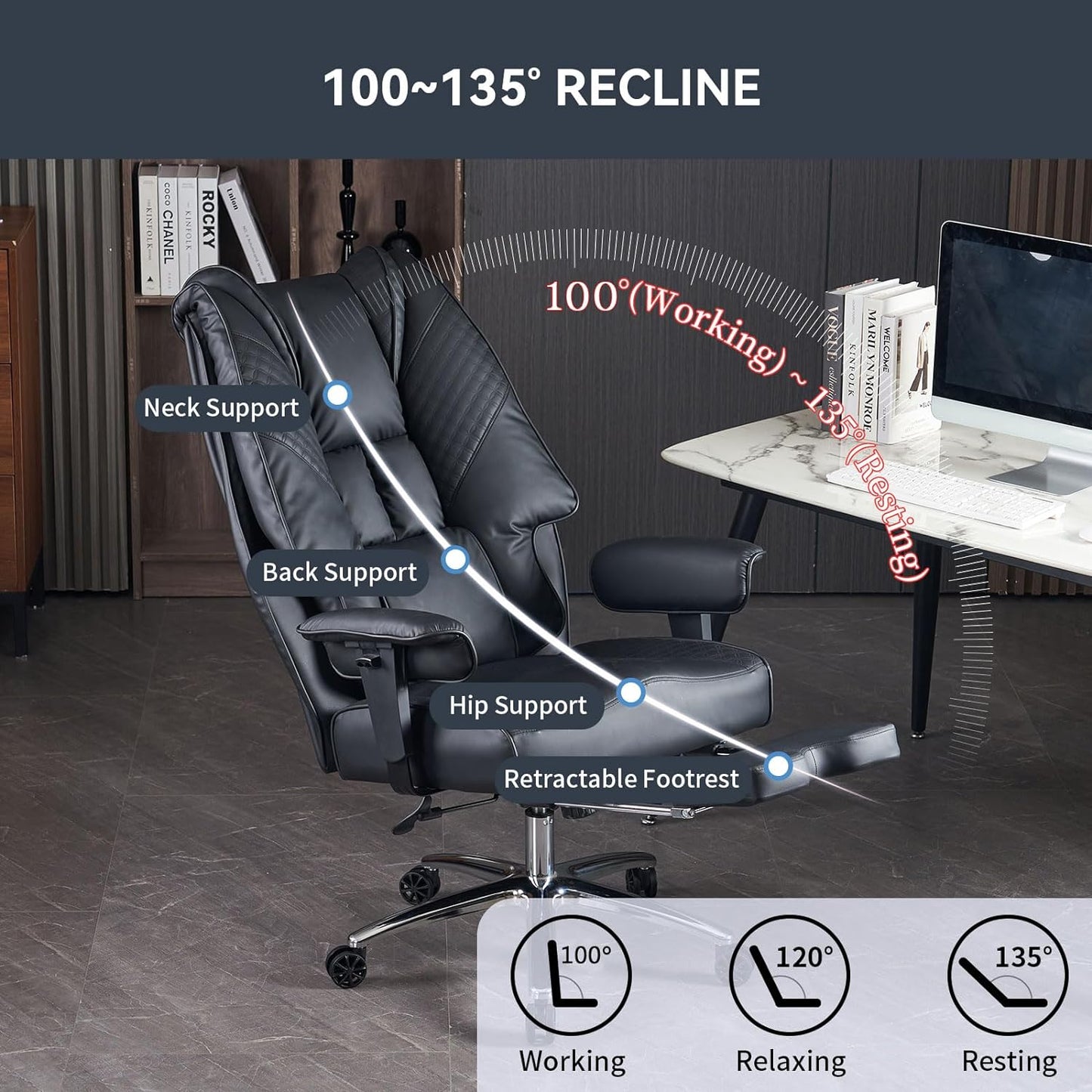 Large Tall Office Chair 400 lbs Wide Seat, Leather High Back Executive Office Chair with Footrest, Ergonomic Office Chair Lumbar Support to Relieve Lower Back Pain (Beige)