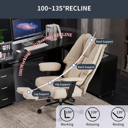 Large Tall Office Chair 400 lbs Wide Seat, Leather High Back Executive Office Chair with Footrest, Ergonomic Office Chair Lumbar Support to Relieve Lower Back Pain (Beige)