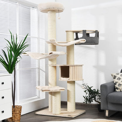 Large cat tree, multi-level tower with sisal posts, hammock, hanging basket and removable washable mats, perfect for large cats