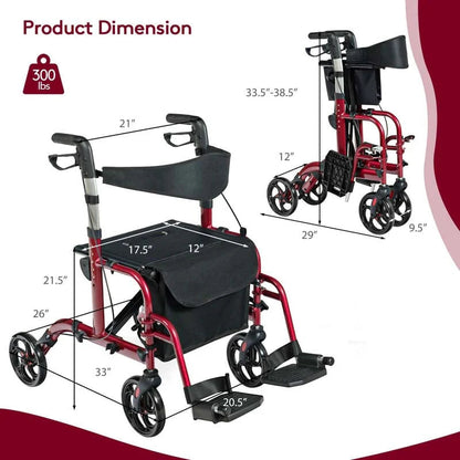 2 In 1 Rollator Walker Wheelchair Folding Medical Walker Aluminum Transport Chair Mobility Walking Aid - Comfortable And Ergonomic Design
