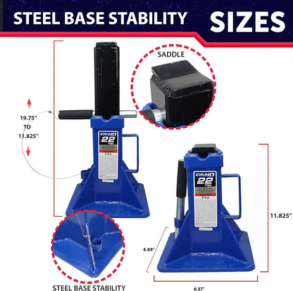 HD61222 22 Ton Automotive Jack Stands for Garages, Repair Shops, and DIY, Pin Style, V Shaped Saddle, Heavy Duty Steel Frame, Adjustable Height 11.825"- 19.725", Black/Blue, Pair
