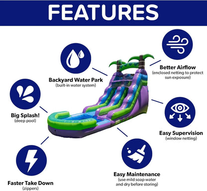 HeroKiddo 16' Purple Tropical Lightweight Premium Commercial Grade Water Slide Inflatable with Attached Pool for Kids and Adults (with Blower), Wet Dry Use, Summer Fun