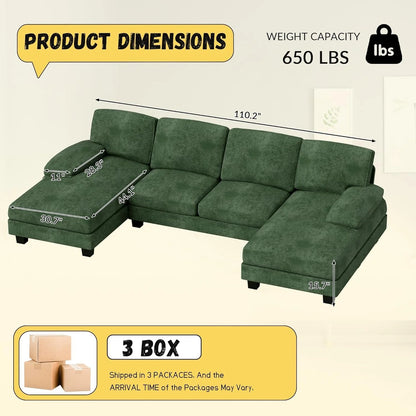JUMMICO Sectional Couches for Living Room, U Shaped Couch with Chenille Fabric, 4 Seat Modern Sofa with Removable Pillows for Apartment and Small Space (Fabric, Grey)
