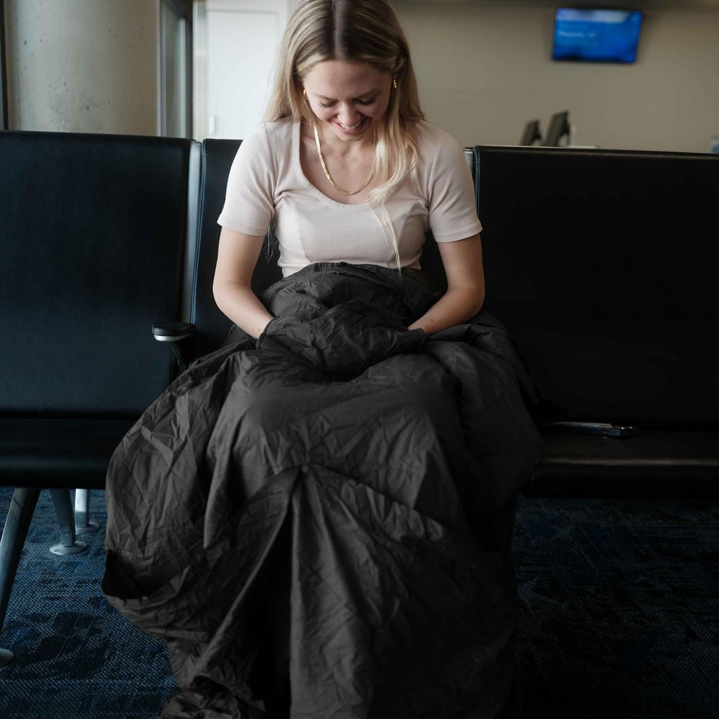 Layover Ultra-Compact Packable Down Blanket for Travel & Camping - Lightweight, Warm Travel Blanket Airplane, Car Blanket, Camping Blankets for Cold Weather - Includes Carrying Pouch (Blue)