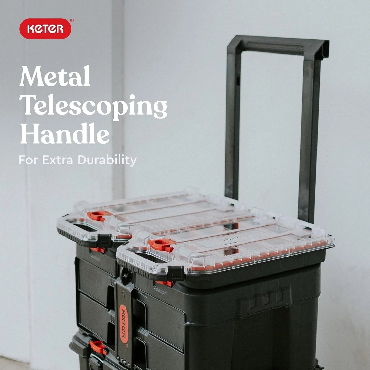 Keter Stack-n-Roll Modular Tools Organizer for Garage Storage and DIY, 3 Piece Resin Rolling Tool Box System for Small Parts