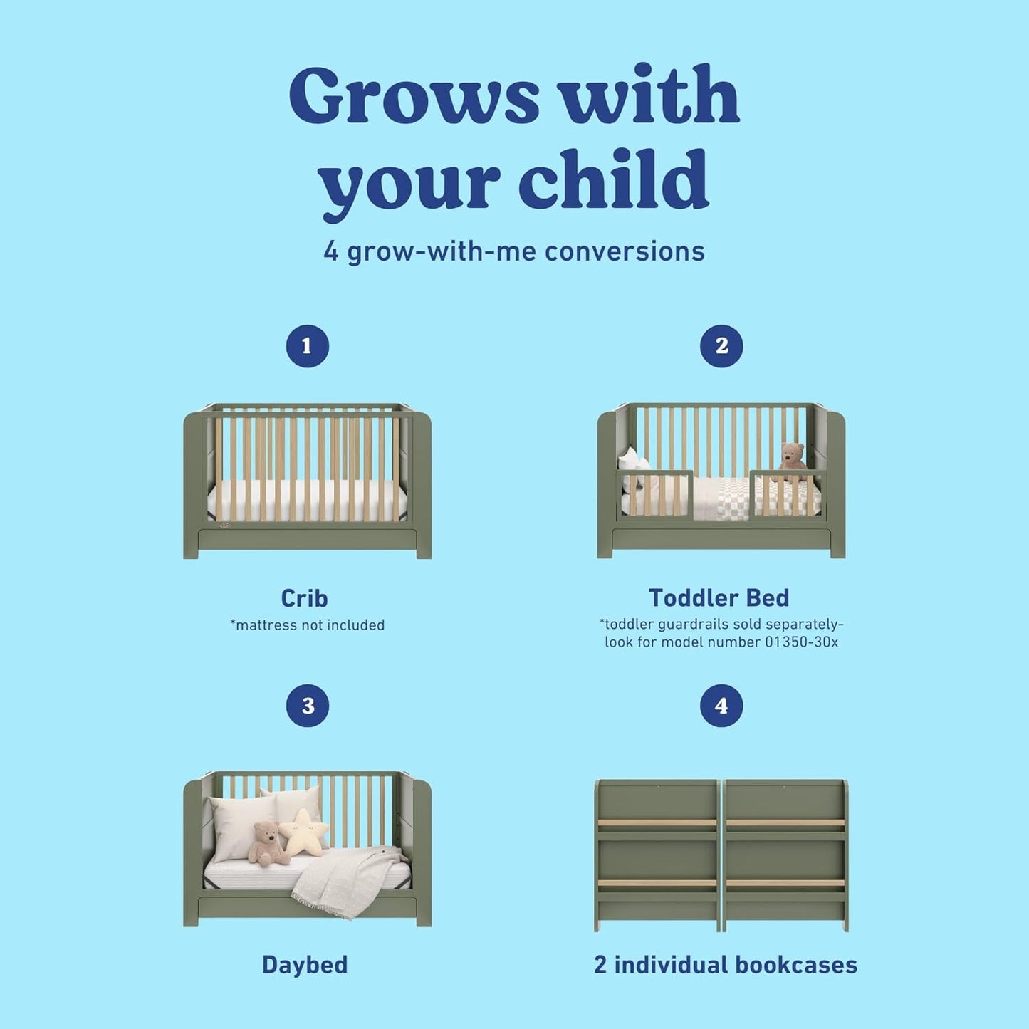 Graco Read-with-Me 4-in-1 Convertible Crib with Drawer, Olive/Driftwood