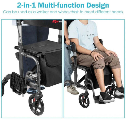 2 In 1 Rollator Walker Wheelchair Folding Medical Walker Aluminum Transport Chair Mobility Walking Aid - Comfortable And Ergonomic Design