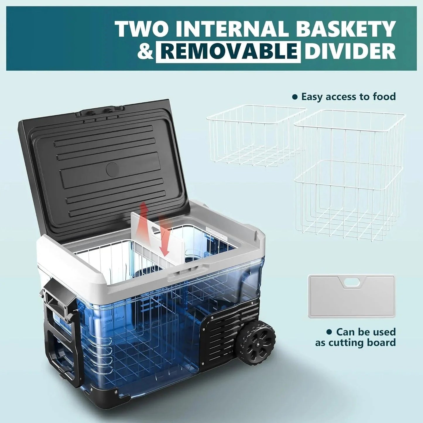 12 Volt Refrigerator, 53QT(50L) Electric Cooler, Portable Freezer 12V/24V DC 110-240V AC, 12V Fridge -4 ~68 , 12V Cooler with Wheels & 2 Baskets for Travel, Truck, Boat, Camping