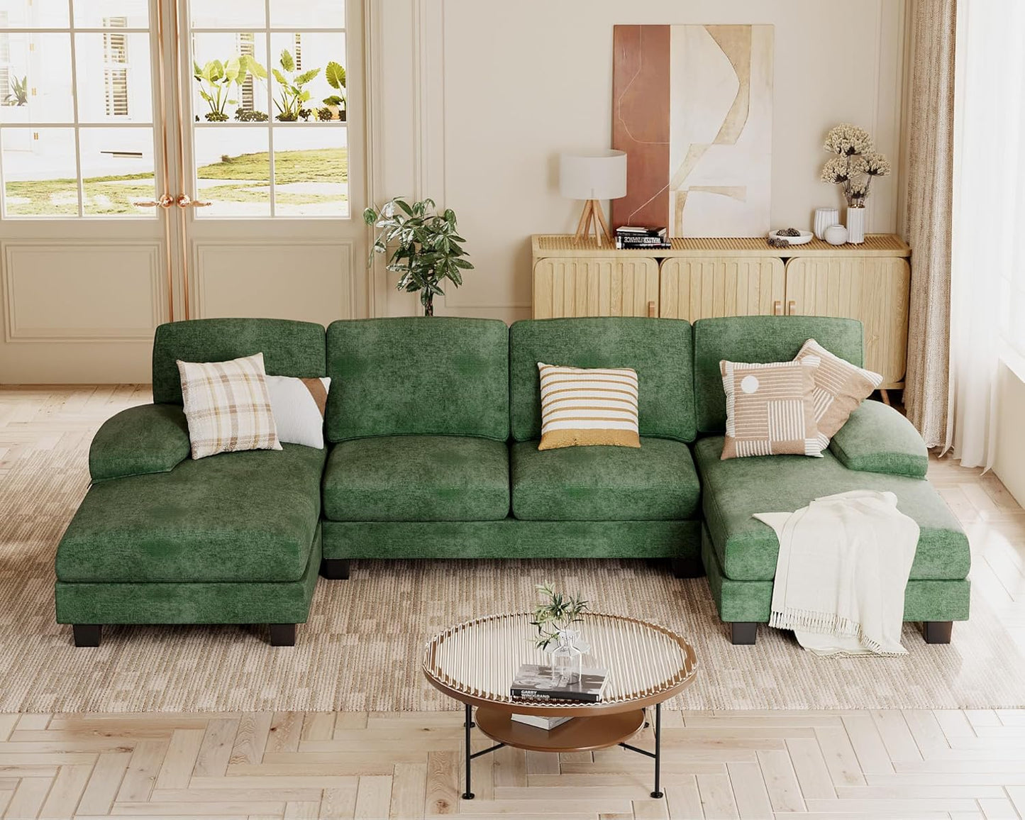 JUMMICO Sectional Couches for Living Room, U Shaped Couch with Chenille Fabric, 4 Seat Modern Sofa with Removable Pillows for Apartment and Small Space (Fabric, Grey)
