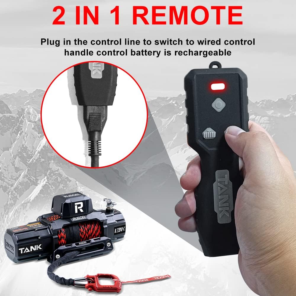 13500lb Waterproof Electric Red Synthetic Rope Winch with Hawse Fairlead, Wired Handle and 2 Wireless Remote (RED)
