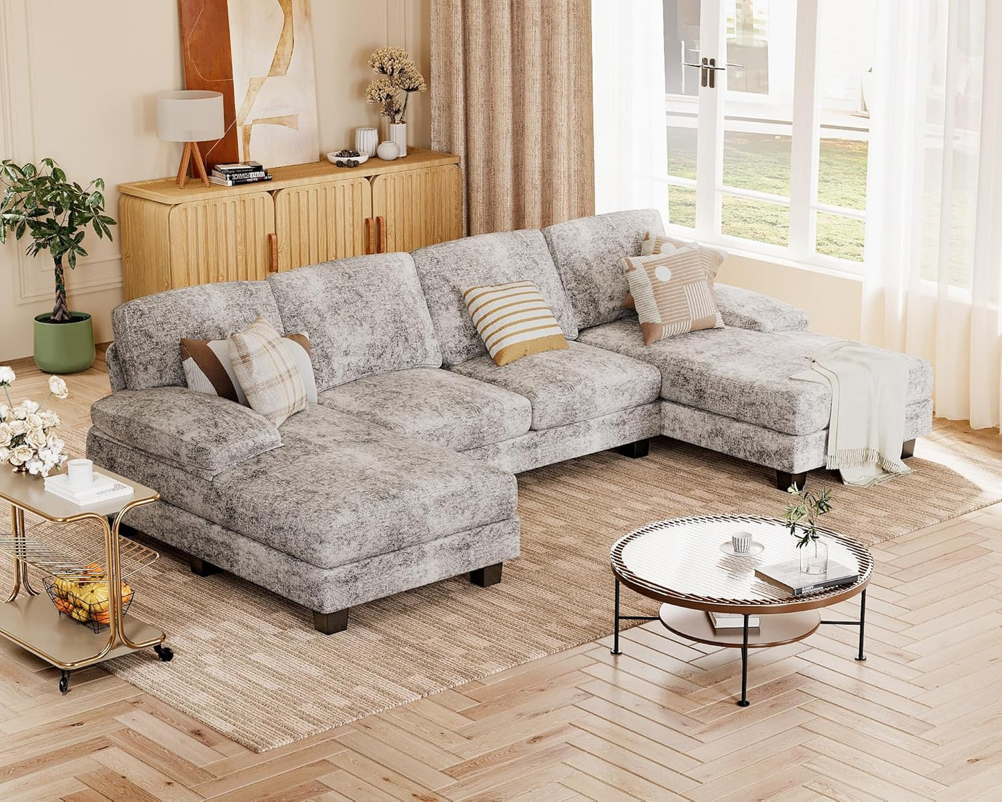 JUMMICO Sectional Couches for Living Room, U Shaped Couch with Chenille Fabric, 4 Seat Modern Sofa with Removable Pillows for Apartment and Small Space (Fabric, Grey)