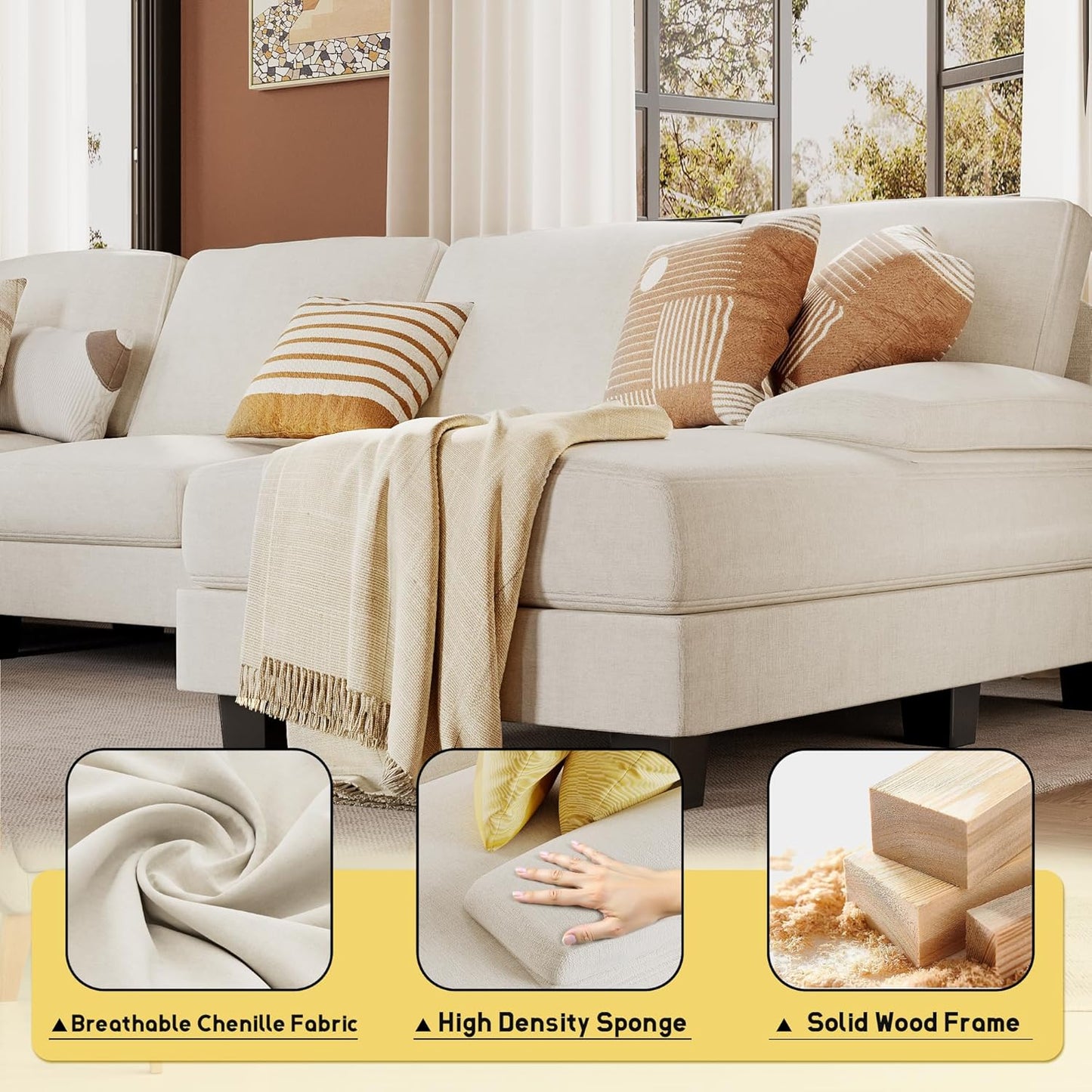 JUMMICO Sectional Couches for Living Room, U Shaped Couch with Chenille Fabric, 4 Seat Modern Sofa with Removable Pillows for Apartment and Small Space (Fabric, Grey)