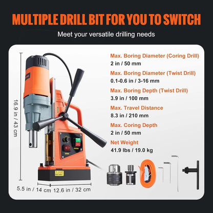Mag Drill Press, 1550W 2" Boring Diameter, 2922lbf Power Magnetic Drill, 500 PRM, 10-Speed, Electric Drilling Machine for Metal Surface, Industrial and Home Improvement
