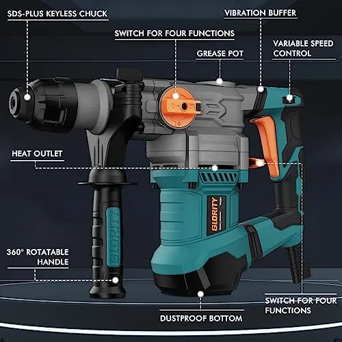 GLORITY Heavy Duty Rotary Hammer Drill with Aluminum Alloy Housing, 5 Drill Bits
