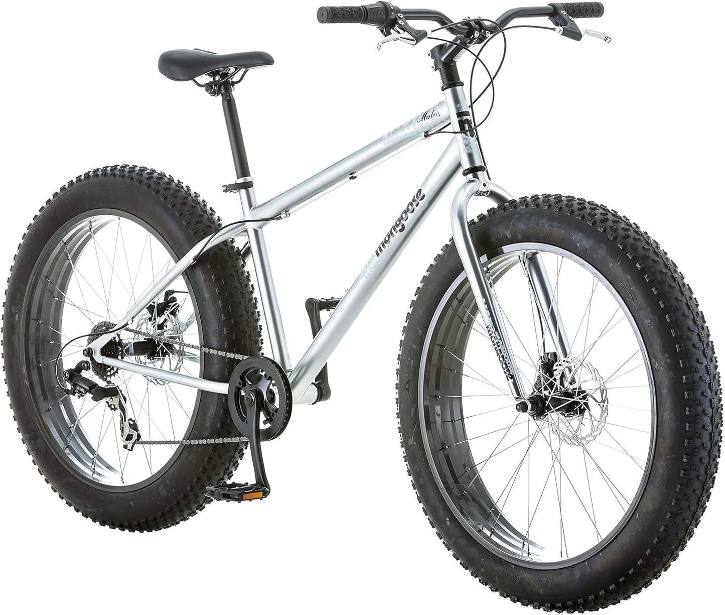 Malus Mens and Women Fat Tire Mountain Bike, 26-Inch Bicycle Wheels, 4-Inch Wide Knobby Tires, Steel Frame, 7 Speed Drivetrain, Shimano Rear Derailleur, Disc Brakes