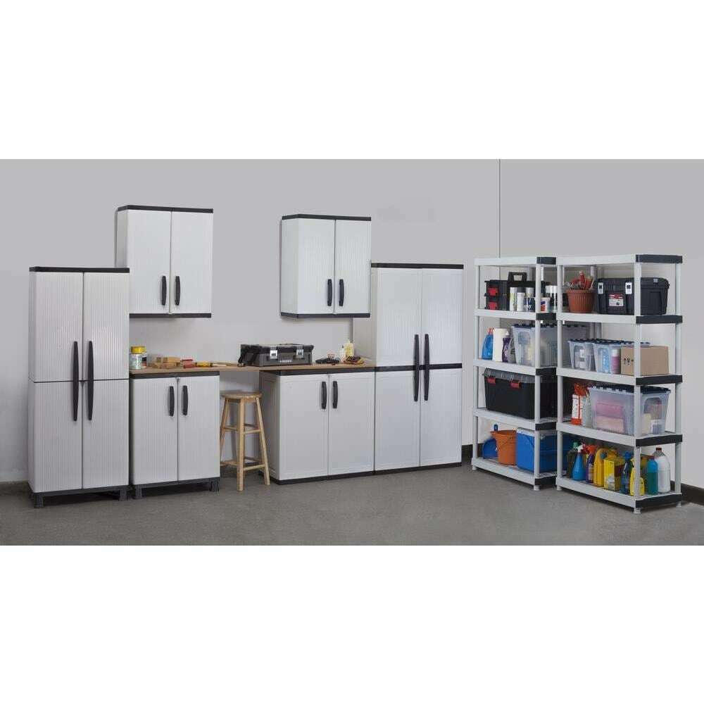 HDX Gray Plastic Freestanding Garage Cabinet, 35′′W x 71′′H x 18′′D, with Adjustable Shelves and Lockable Doors
